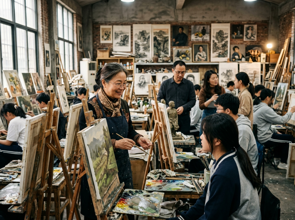 Art instructor teaching students painting in art studio