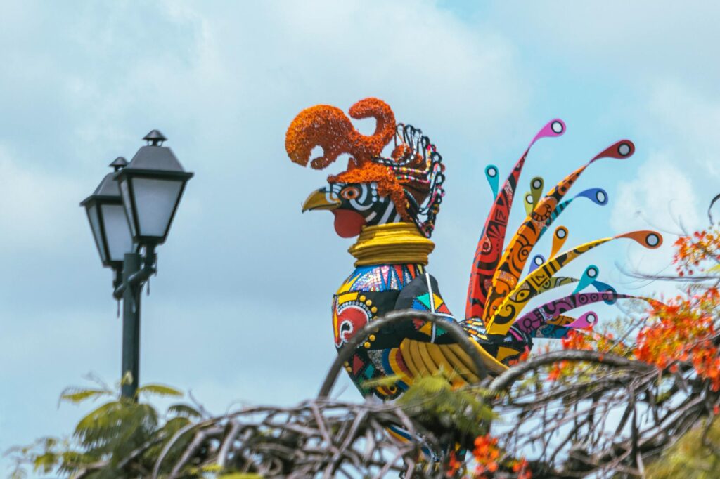 colorful wooden figure of rooster