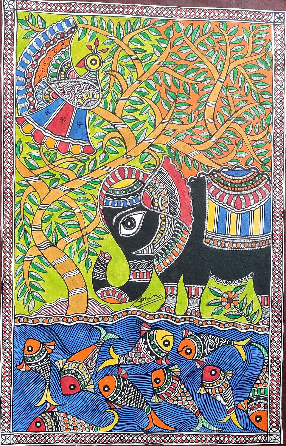 Exemplo de pintura Madhubani ou Mithila, tradição artística do norte da Índia. By Shrishej - Own work, CC BY-SA 4.0, https://commons.wikimedia.org/w/index.php?curid=104040999