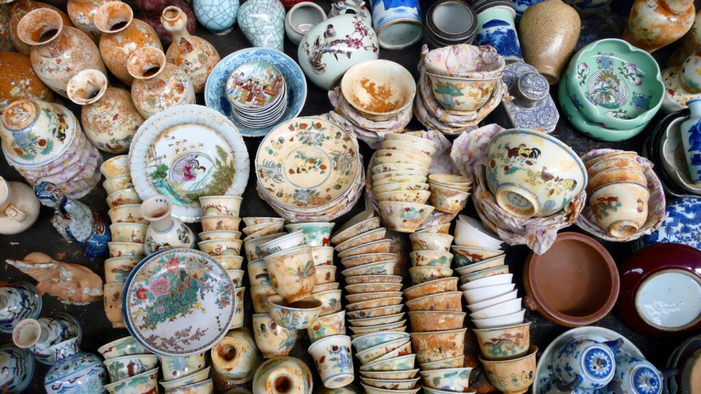 Collection of antique ceramic vases and bowls
