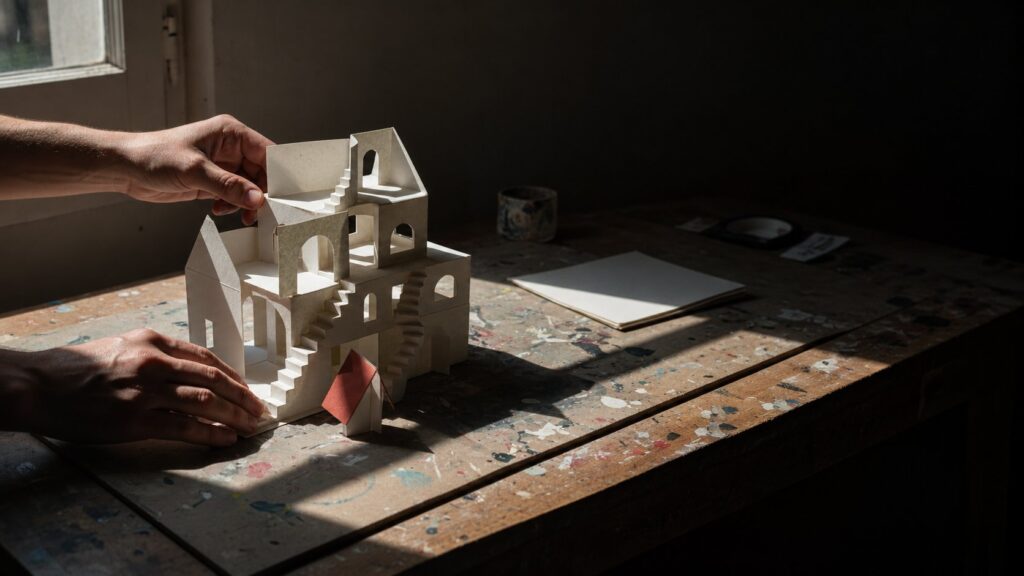 Mãos organizam folhas de papel que formam uma pequena arquitetura sobre uma mesa de trabalho.