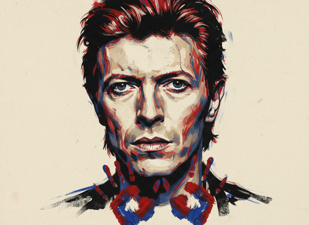 Ilustração editorial inspirada em um autorretrato de David Bowie com marcas das mãos, criada para a notícia do AQMA.