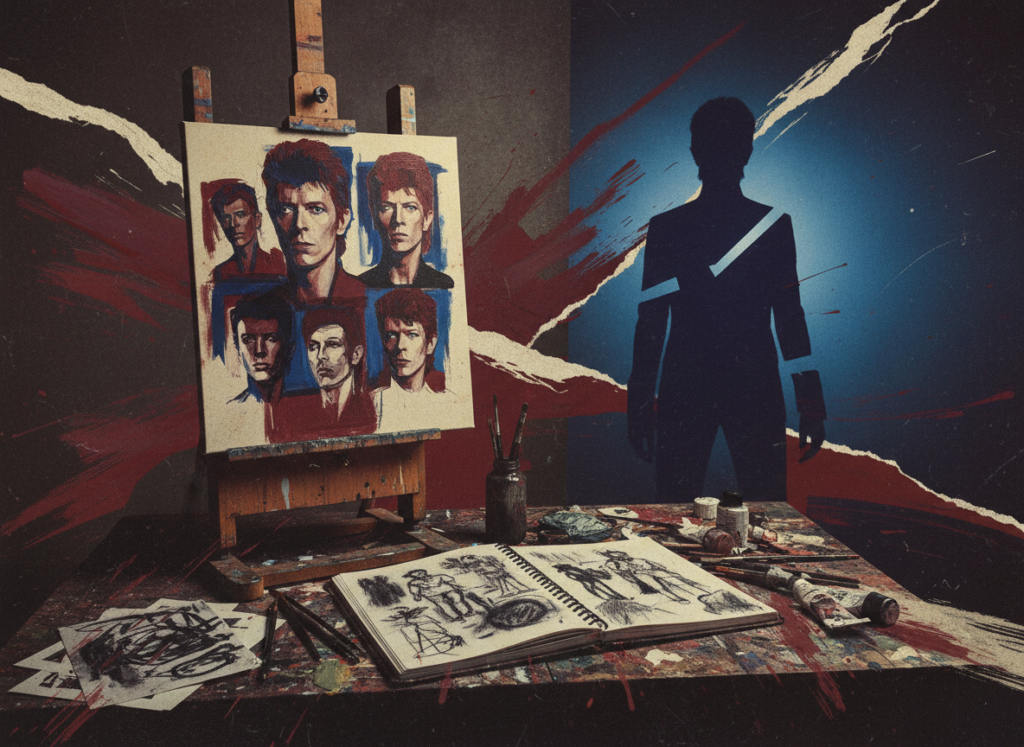 Ilustração editorial sobre a relação de David Bowie com pintura, performance e artes visuais.