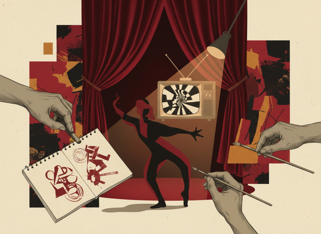 Imagem editorial sobre a trajetória de Juarez Machado entre pintura, desenho, mímica e cenografia.