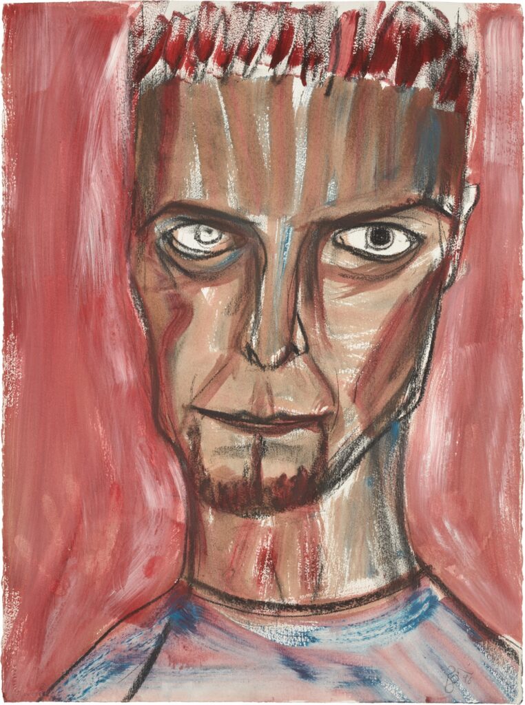 Autorretrato de David Bowie de 1996, com marcas das mãos do artista na parte inferior da obra.