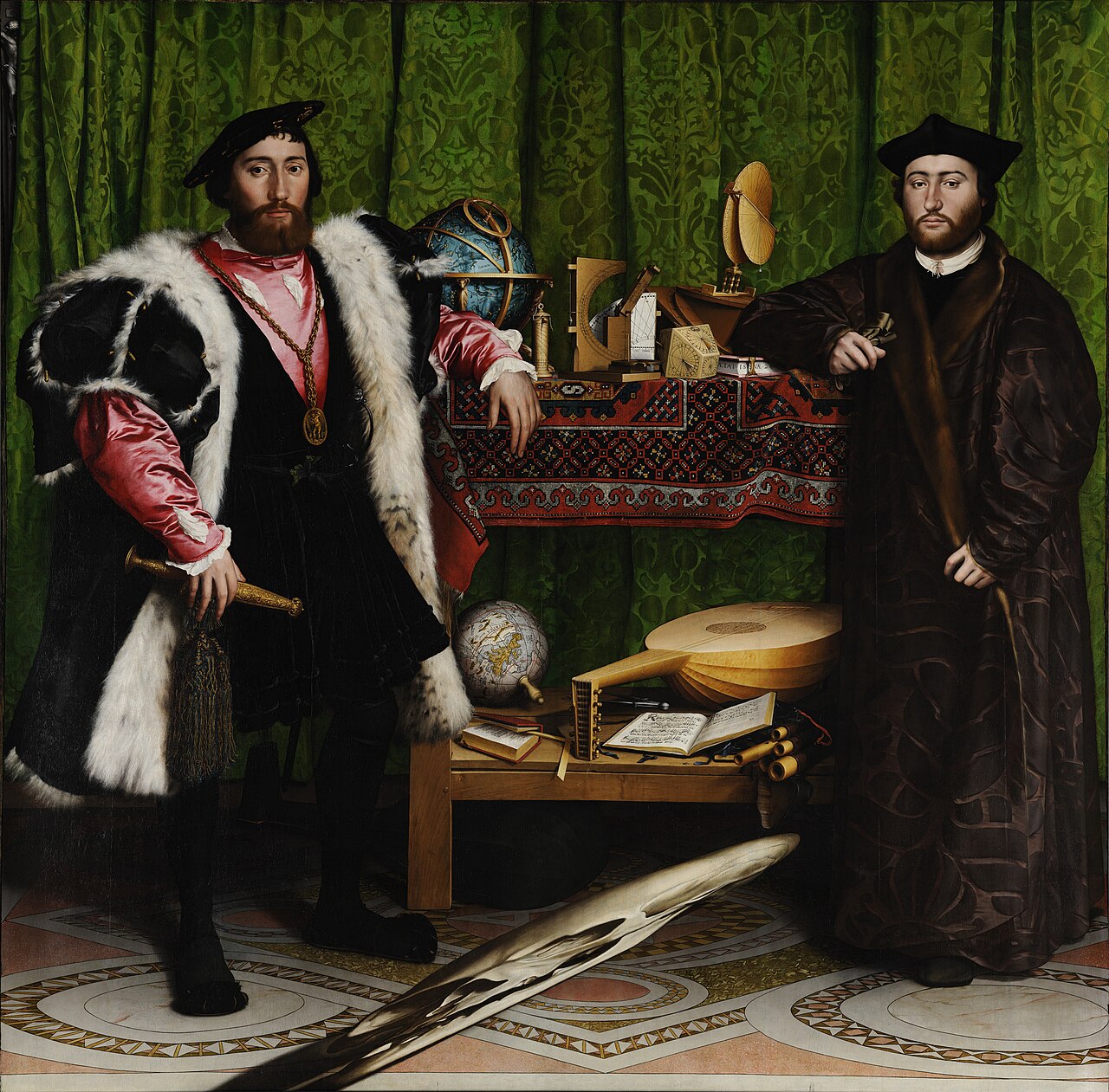 Os Embaixadores, de Hans Holbein: dois diplomatas cercados de instrumentos, livros e um crânio deformado na parte inferior.
